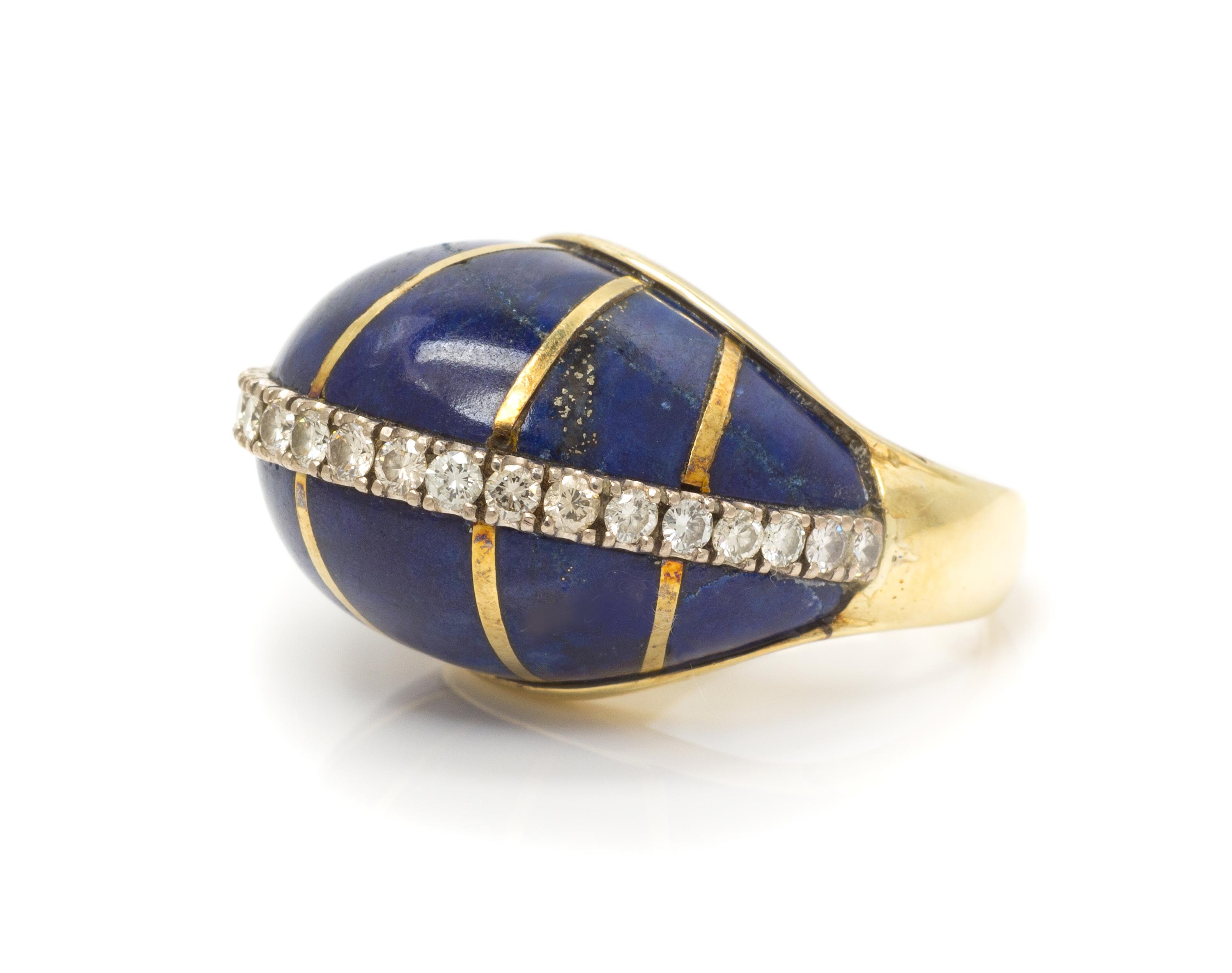 A Yellow Gold, Lapis Lazuli and Diamond Bombe Ring, 10.90 dwts.