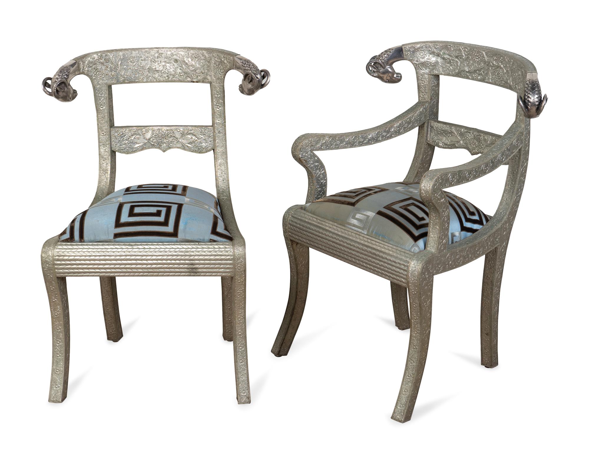 A Set of Eight Anglo-Indian Silvered Metal-Clad Dining Chairs — 20TH CENTURY
