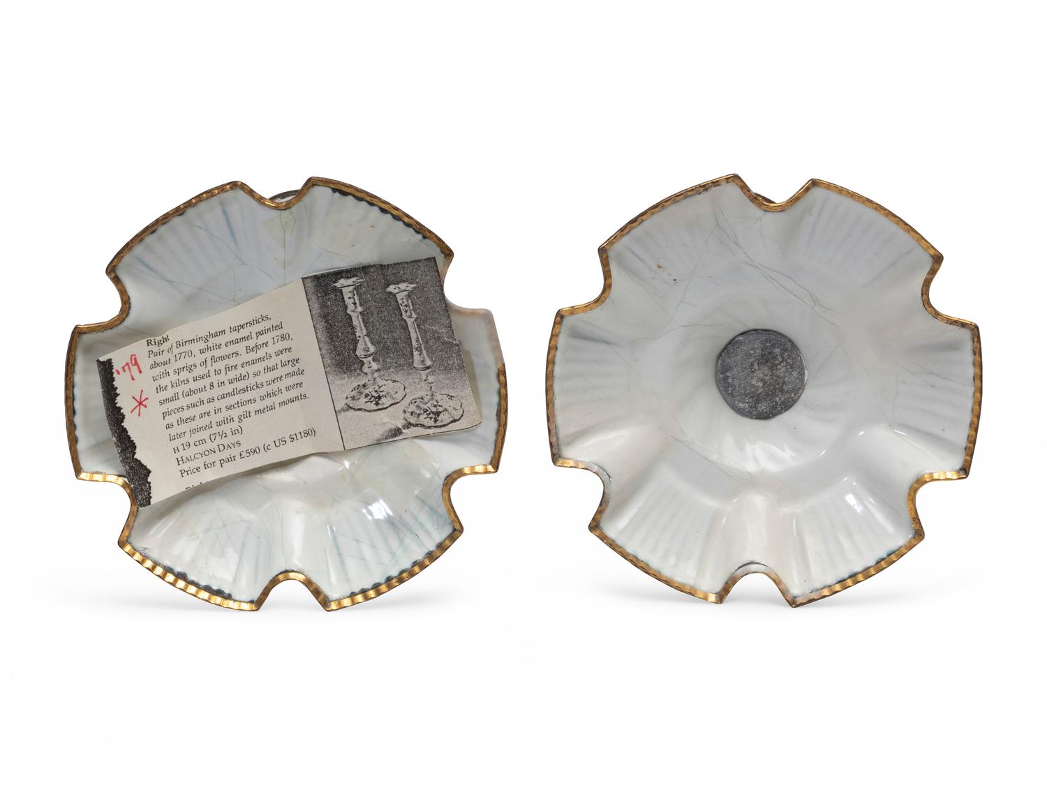 A Pair of Battersea Enamel Candlesticks