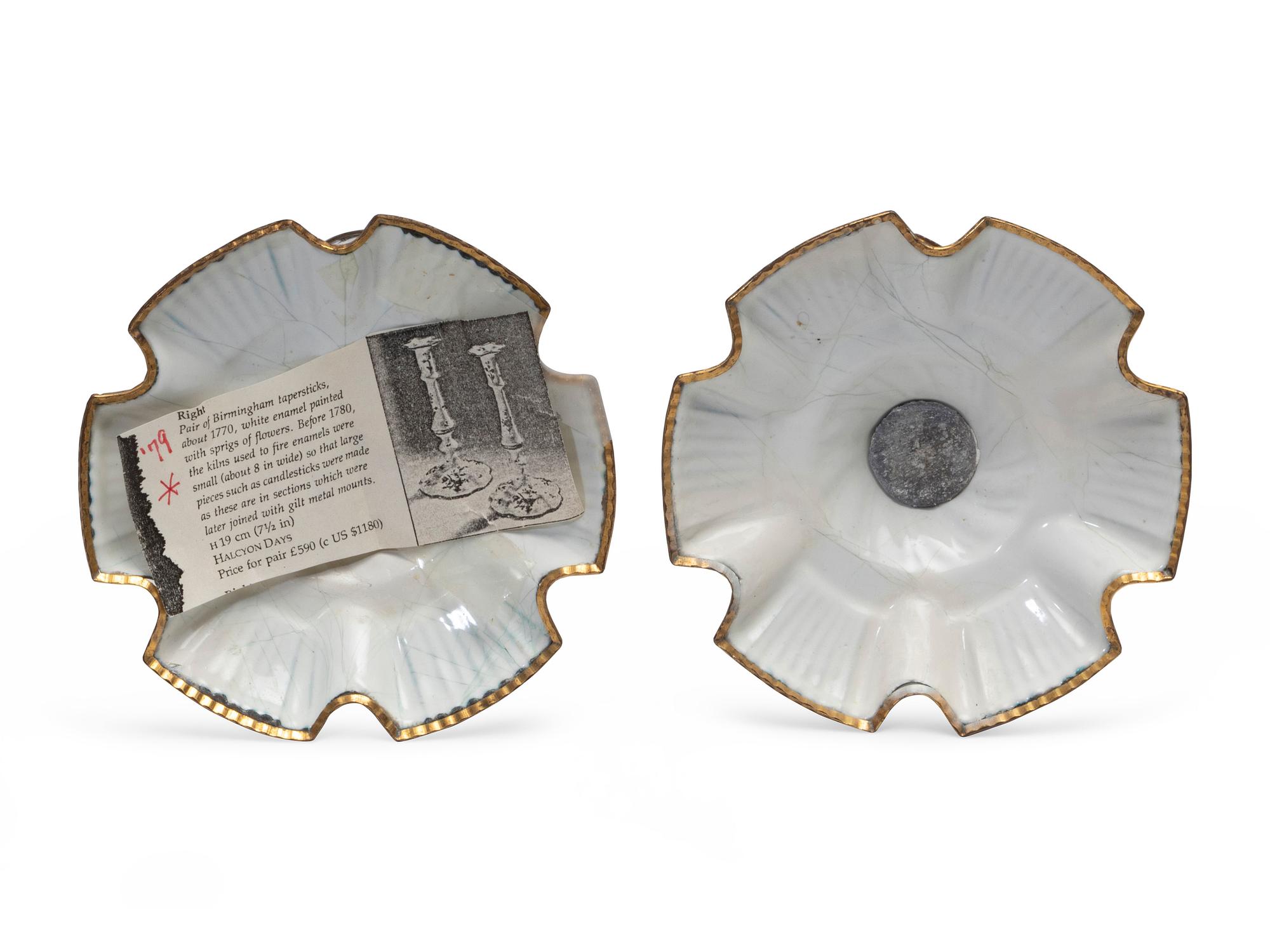 A Pair of Battersea Enamel Candlesticks