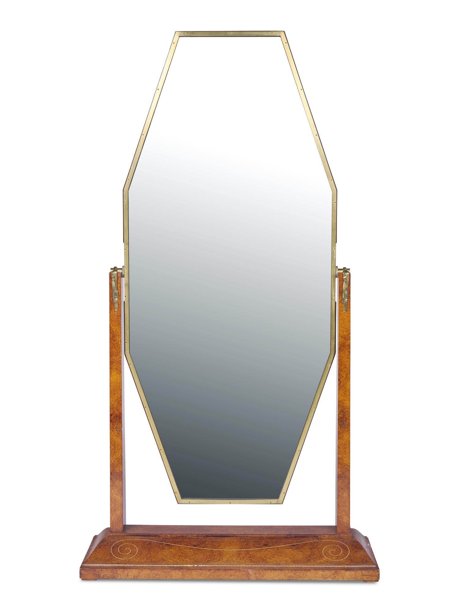 An Art Deco Brass-Inlaid Burl-Walnut Cheval Mirror