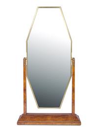 An Art Deco Brass-Inlaid Burl-Walnut Cheval Mirror