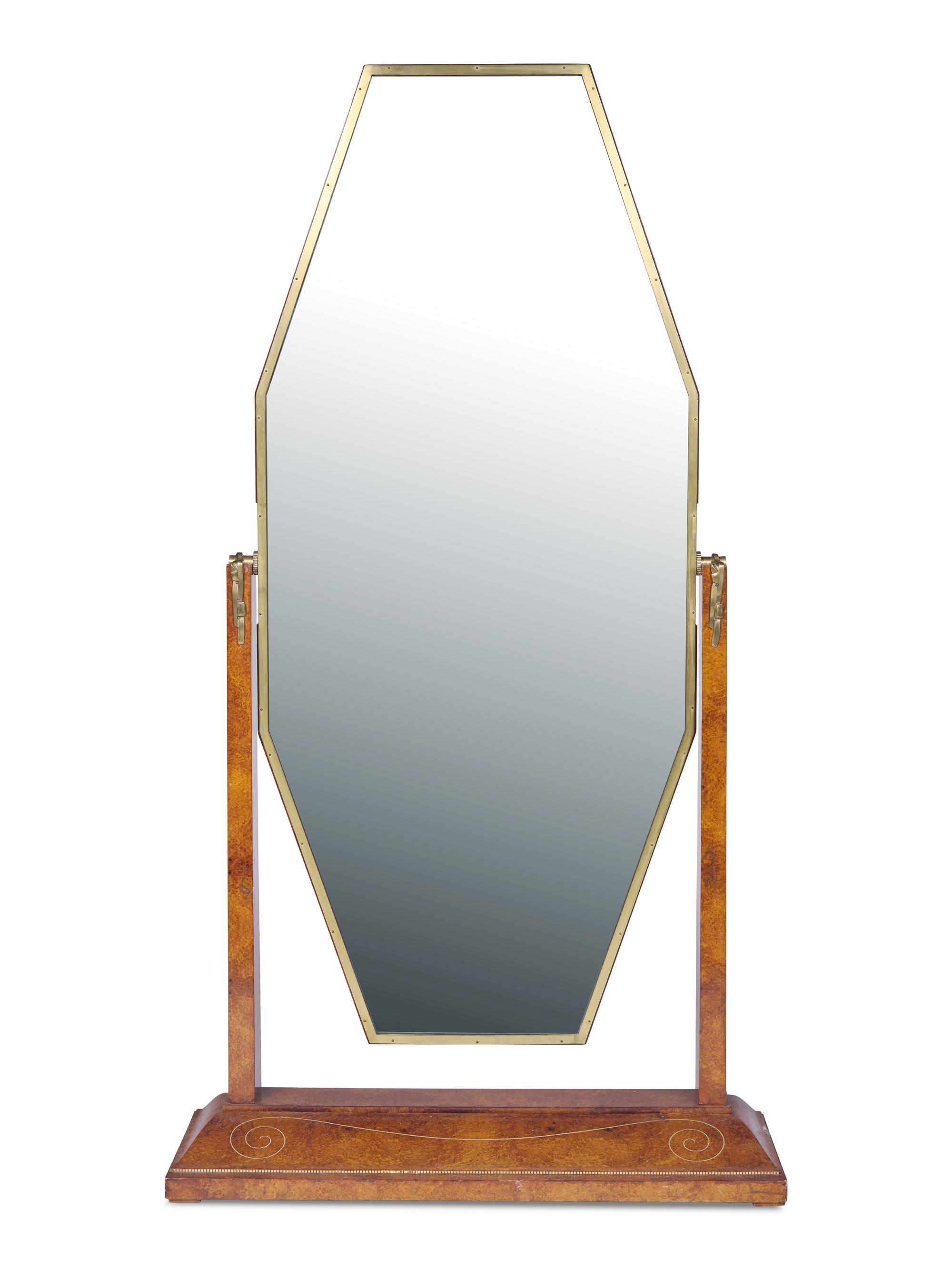 An Art Deco Brass-Inlaid Burl-Walnut Cheval Mirror