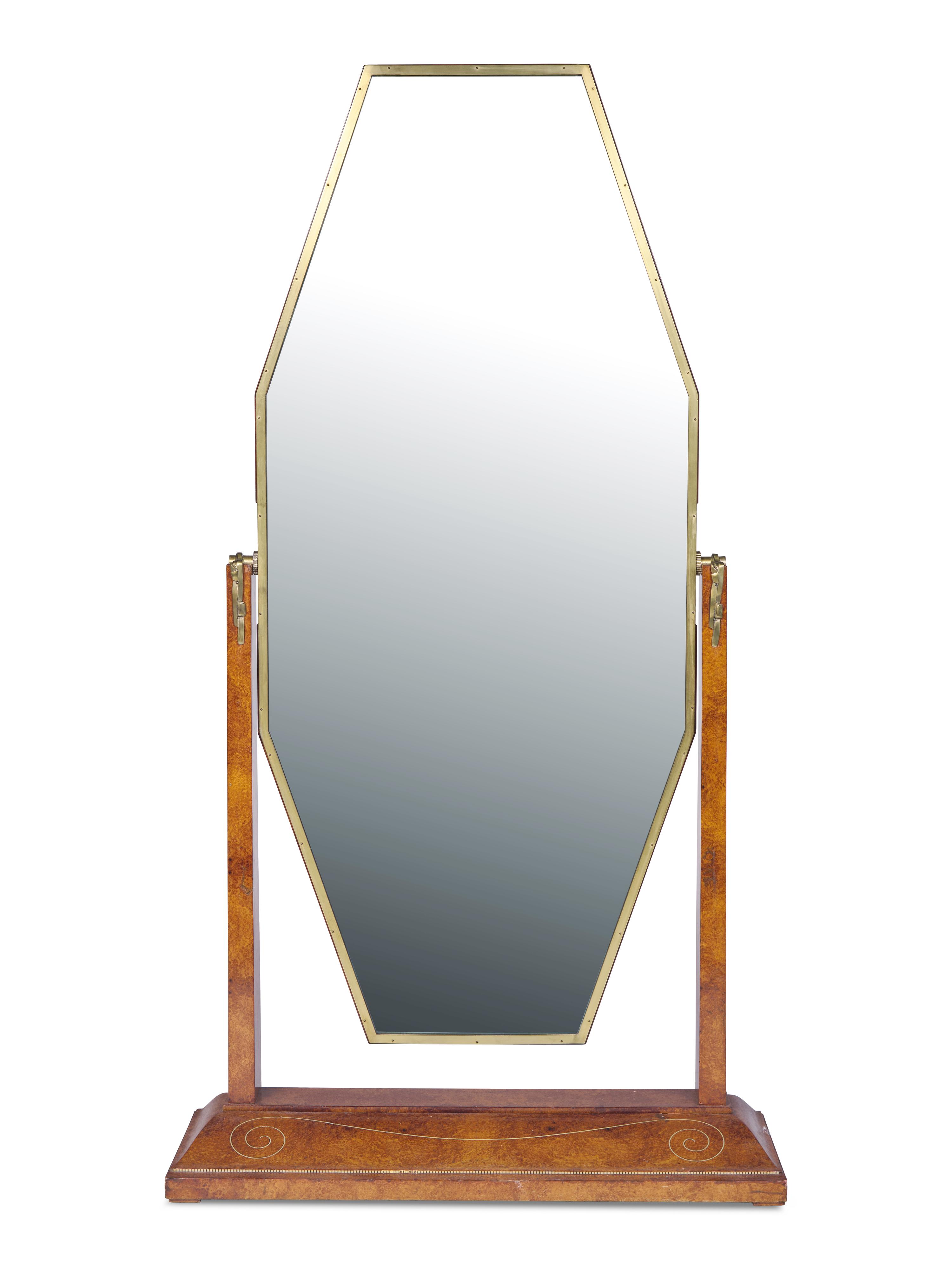 An Art Deco Brass-Inlaid Burl-Walnut Cheval Mirror