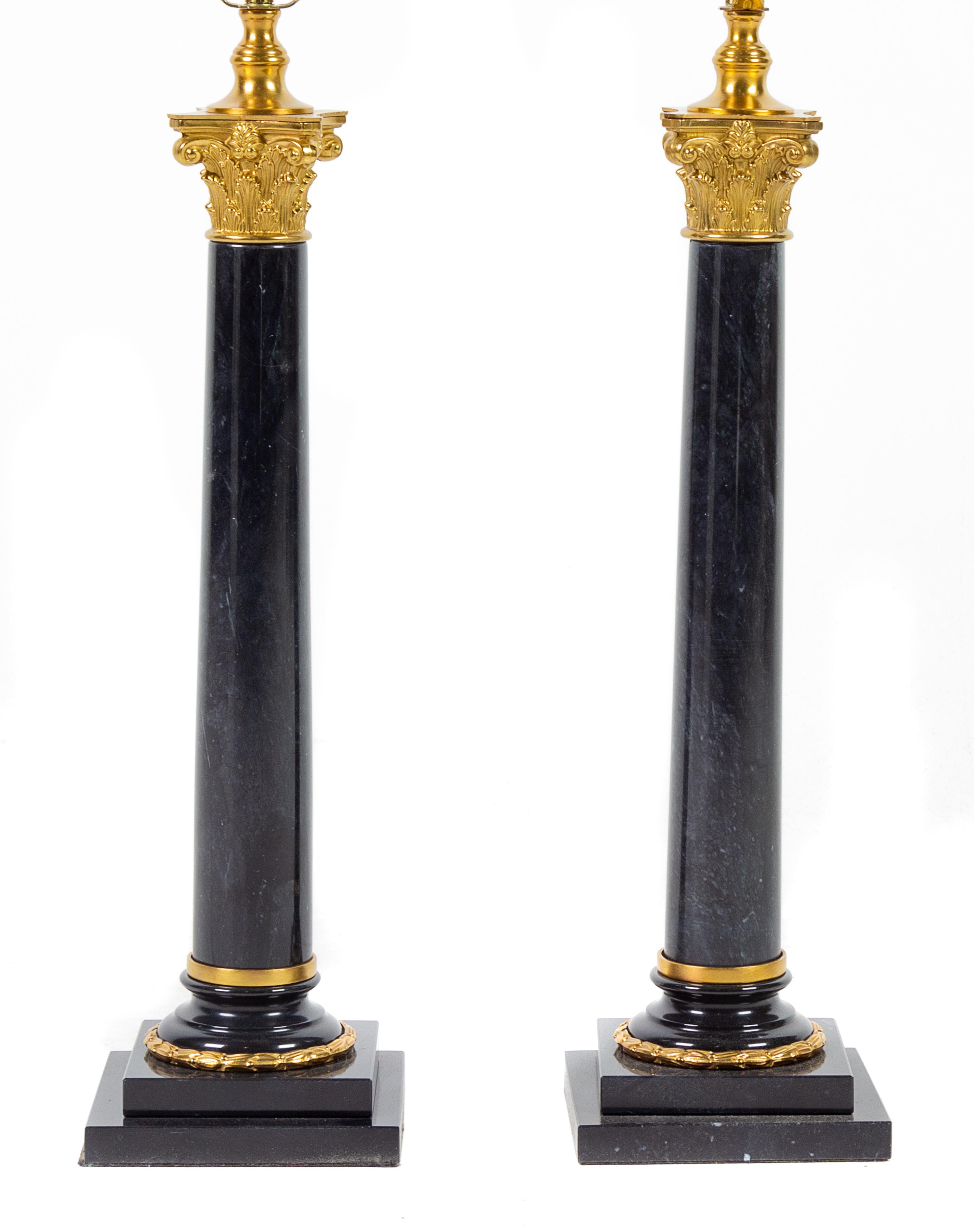 A Pair of Gilt Bronze Mounted Columnar Lamps