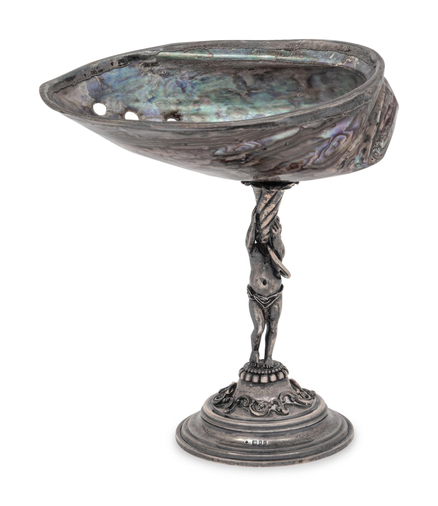 An English Silver and Abalone Shell Figural Ornament in the Manner of Benvenuto Cellini