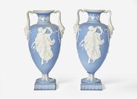A Pair of Large Wedgwood Blue Jasperware Urns