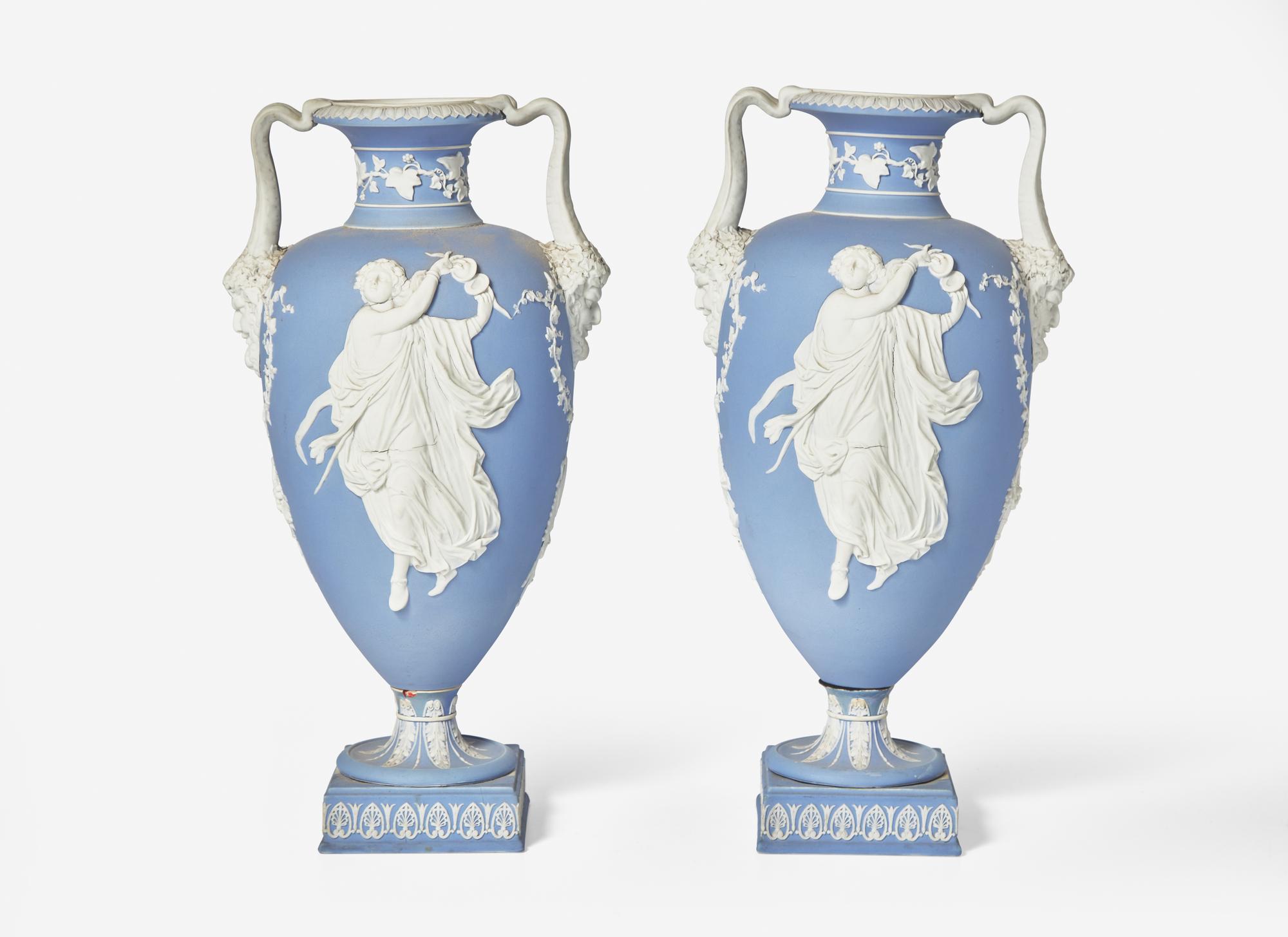 A Pair of Large Wedgwood Blue Jasperware Urns