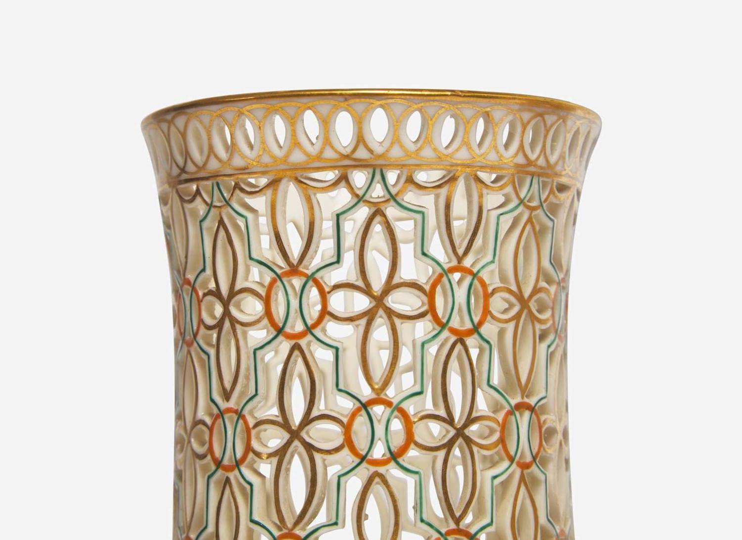 A Pair of Royal Crown Derby Reticulated Bone China Spill Vases, UK, circa 1883