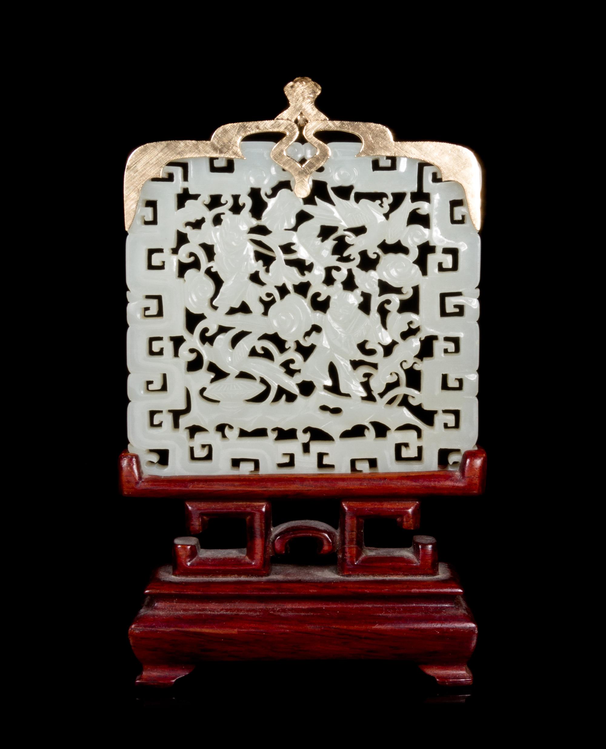 A Chinese 14 Karat Gold Mounted Pierce Carved White Jade Plaque 18TH/19TH CENTURY Width 3 inches. — 18TH/19TH CENTURY