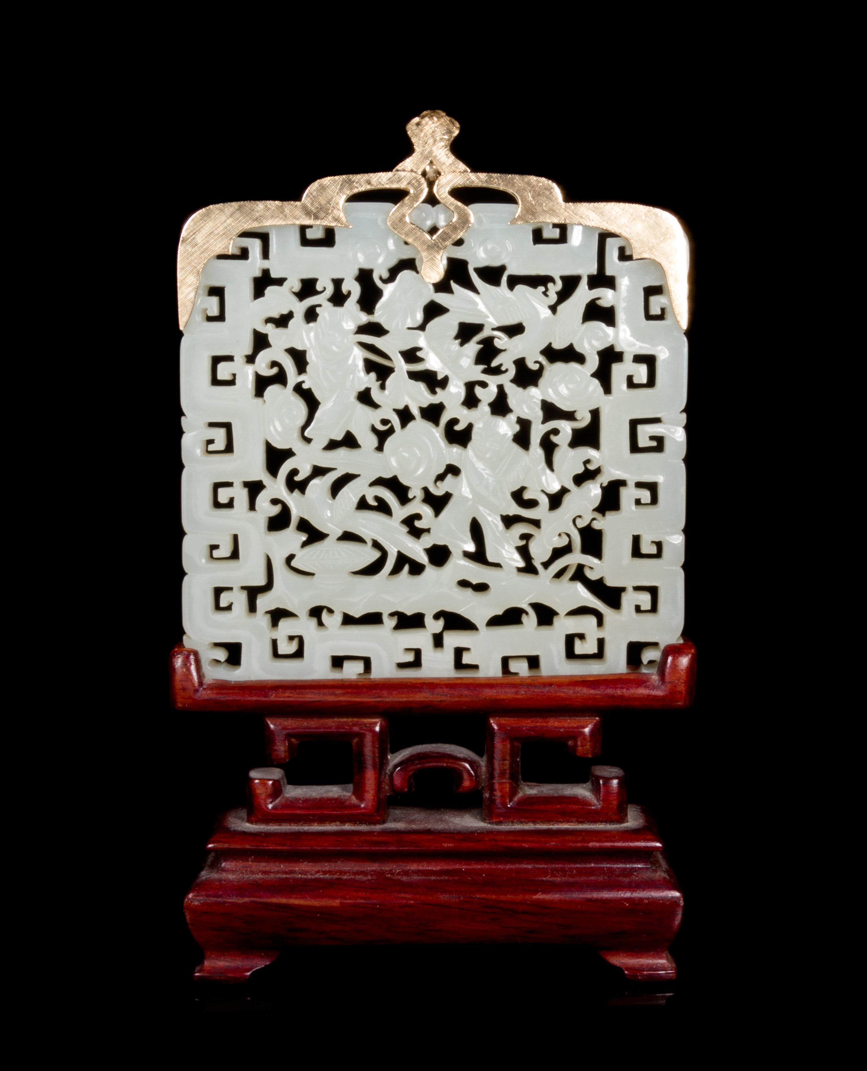 A Chinese 14 Karat Gold Mounted Pierce Carved White Jade Plaque 18TH/19TH CENTURY Width 3 inches. — 18TH/19TH CENTURY