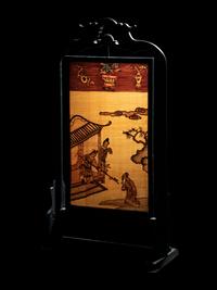 A Chinese Kesi Woven Silk Inset Hardwood Table Screen