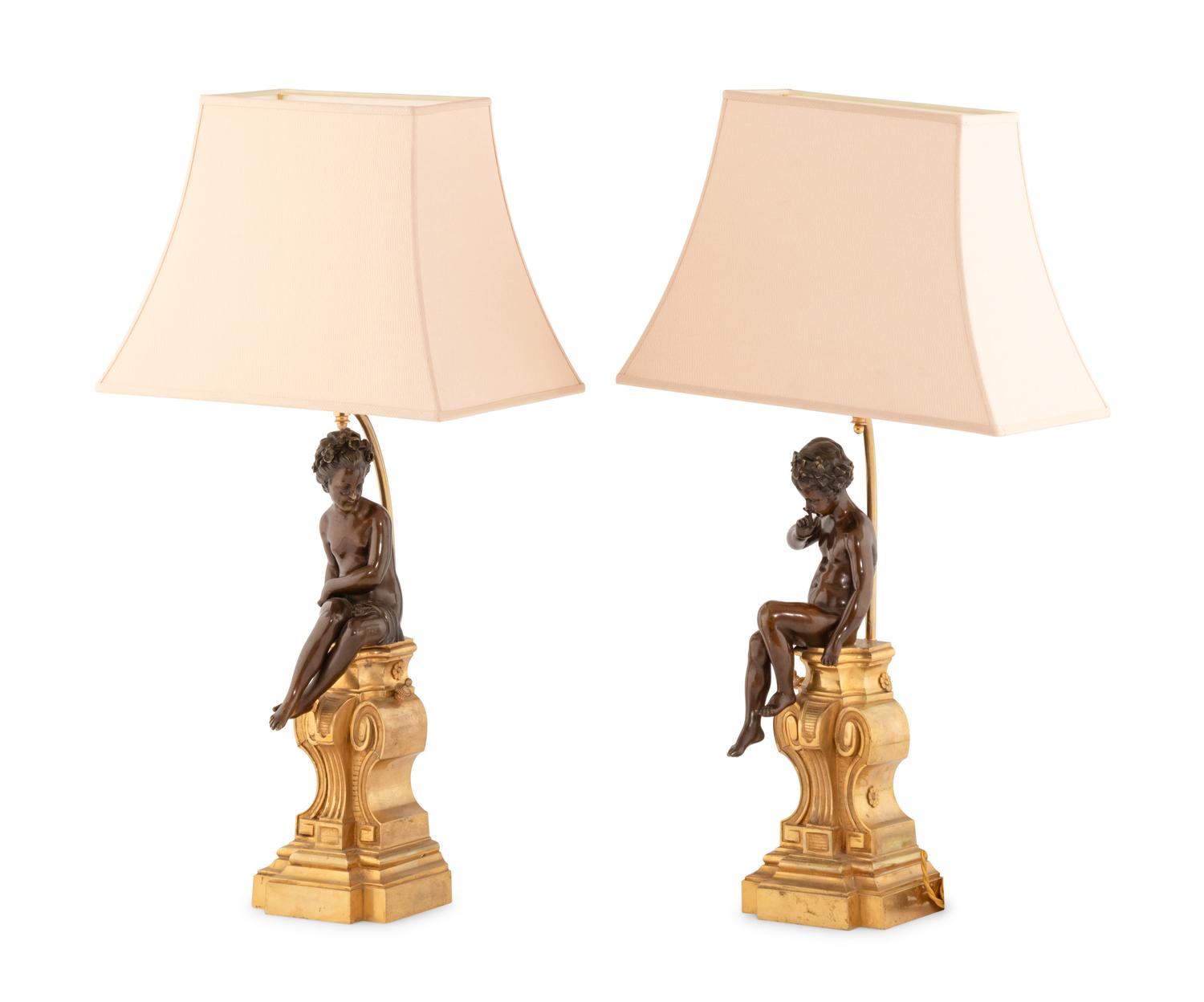 A Pair Continental Parcel-Gilt Bronze Putti Figures