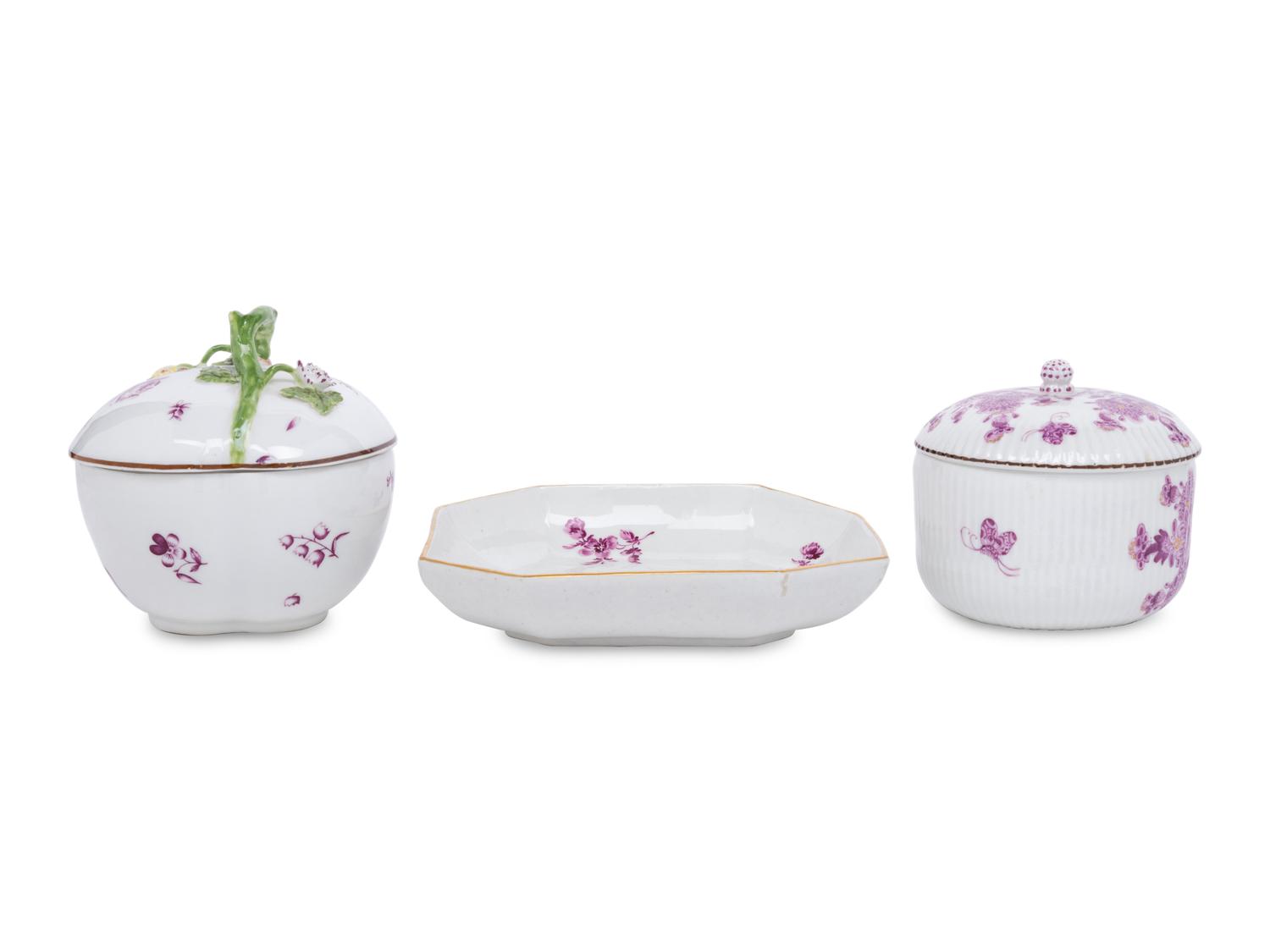 Three German Porcelain Articles with Puce Decoration