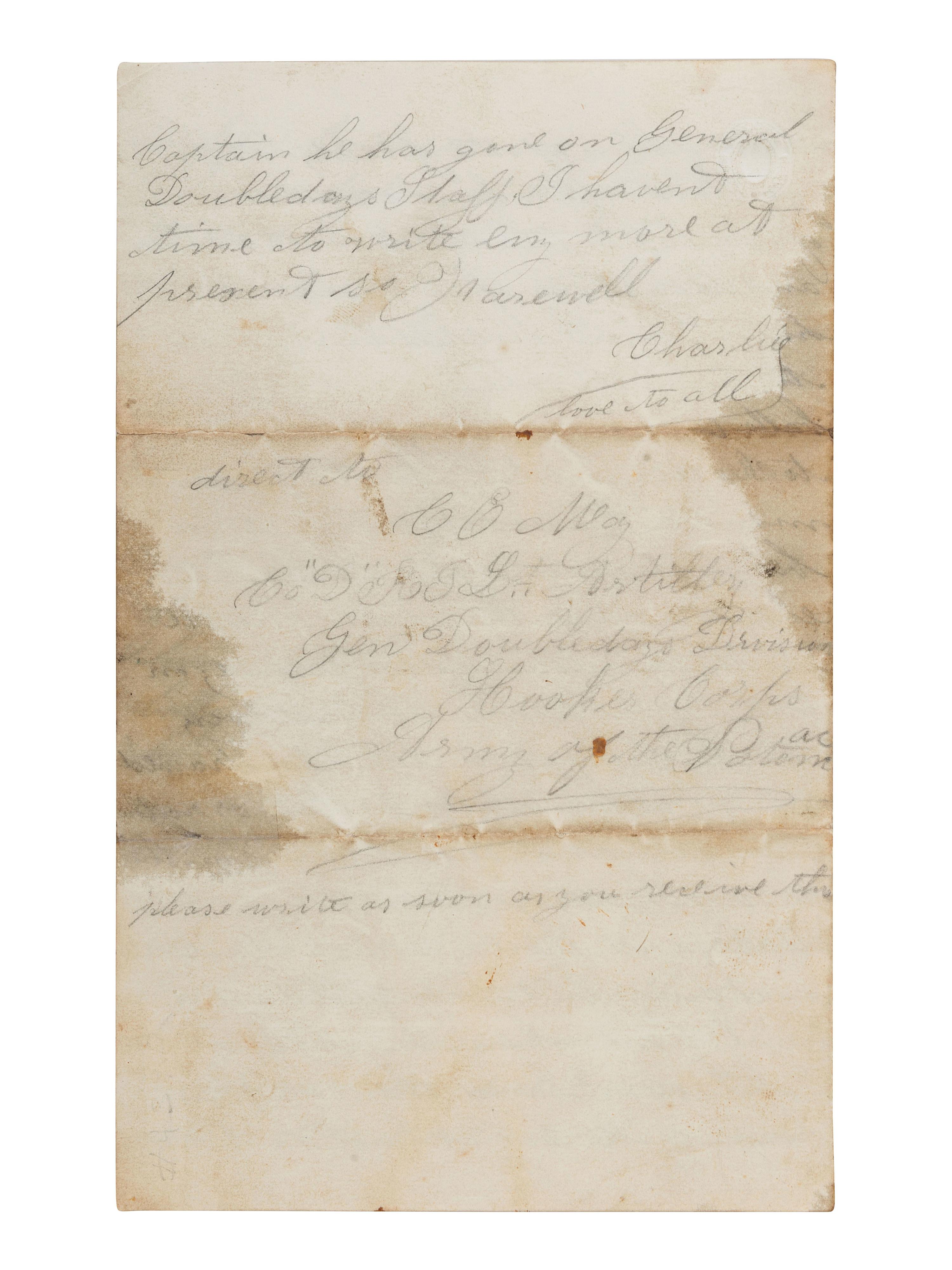 [CIVIL WAR]. Letter with graphic content regarding Battle of Antietam written by Bugler Charles E. May, 1st Rhode Island Light Artillery. 25 September 1862.