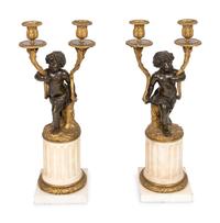 A Pair of Louis XVI Parcel-Gilt and Patinated Bronze Candelabra