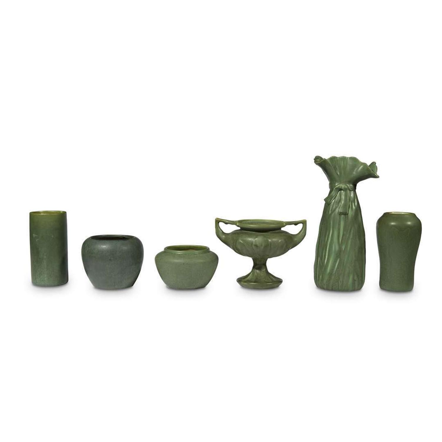Hampshire pottery collection of six matte green vases, keene, nh, early 1900s