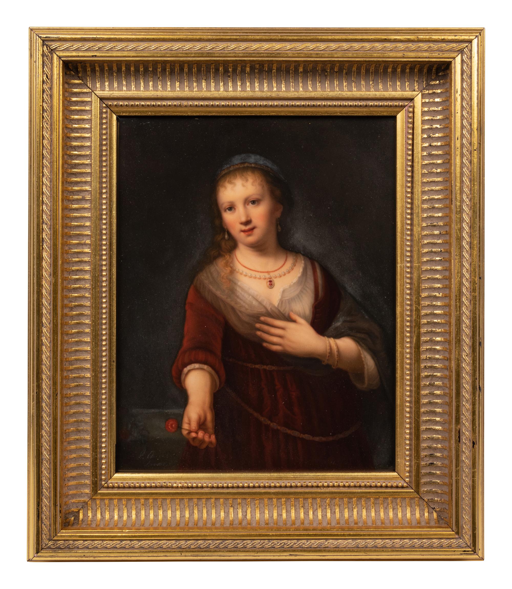 A Berlin (K.P.M.) Porcelain Plaque Depicting Saskia with a Flower After Rembrandt