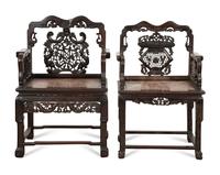 A Near Pair of Chinese Carved Hardstone-Mounted Hardwood Armchairs