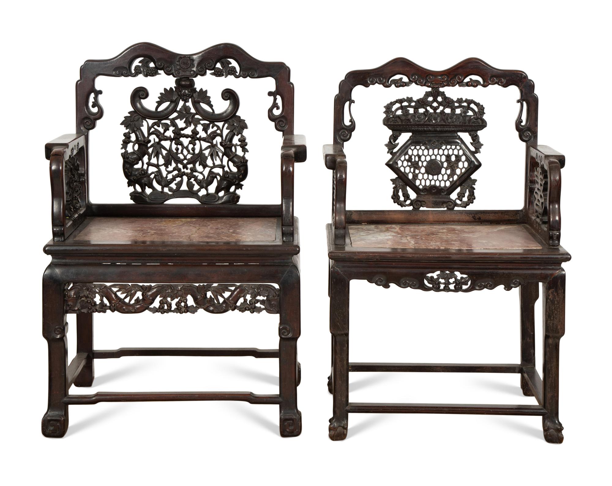 A Near Pair of Chinese Carved Hardstone-Mounted Hardwood Armchairs