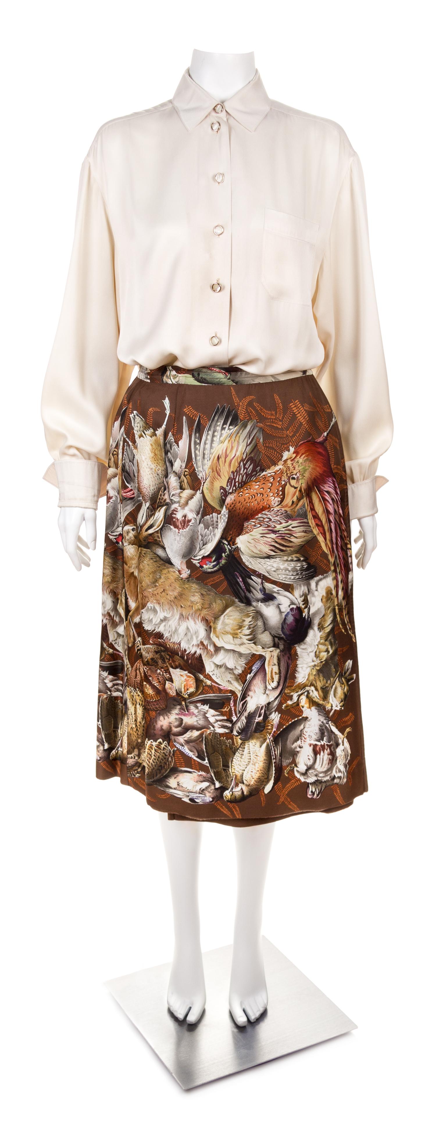 An Hermès Vintage Brown Wool Cashmere and Silk Reversible Coat and Skirt Ensemble, Coat size medium; Skirt size 40; Blouse size 44; Sca
