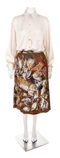 An Hermès Vintage Brown Wool Cashmere and Silk Reversible Coat and Skirt Ensemble, Coat size medium; Skirt size 40; Blouse size 44; Sca