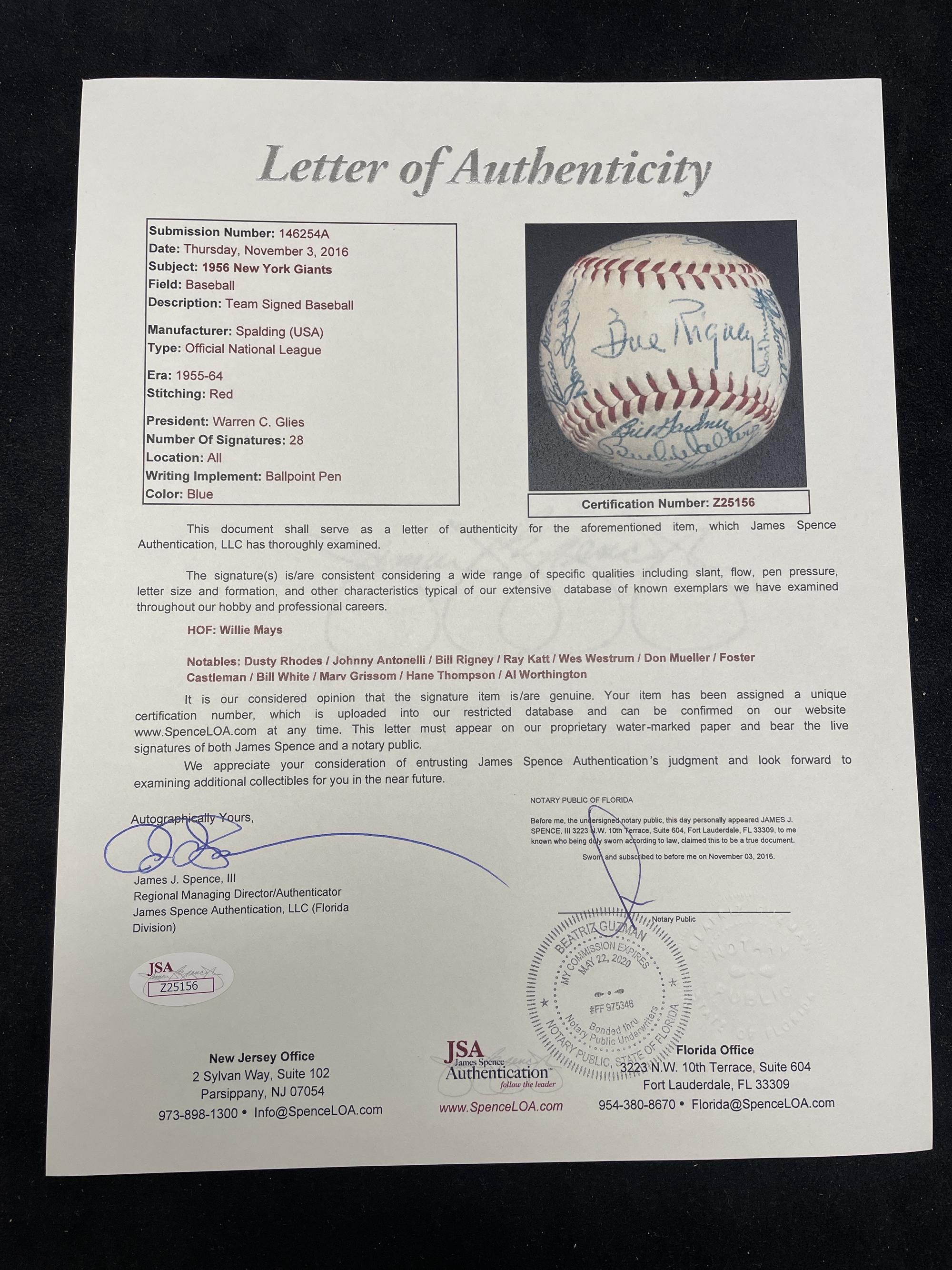 A 1956 New York Giants Team Signed Autograph Baseball Featuring Willie Mays (JSA Letter of Authenticity),
