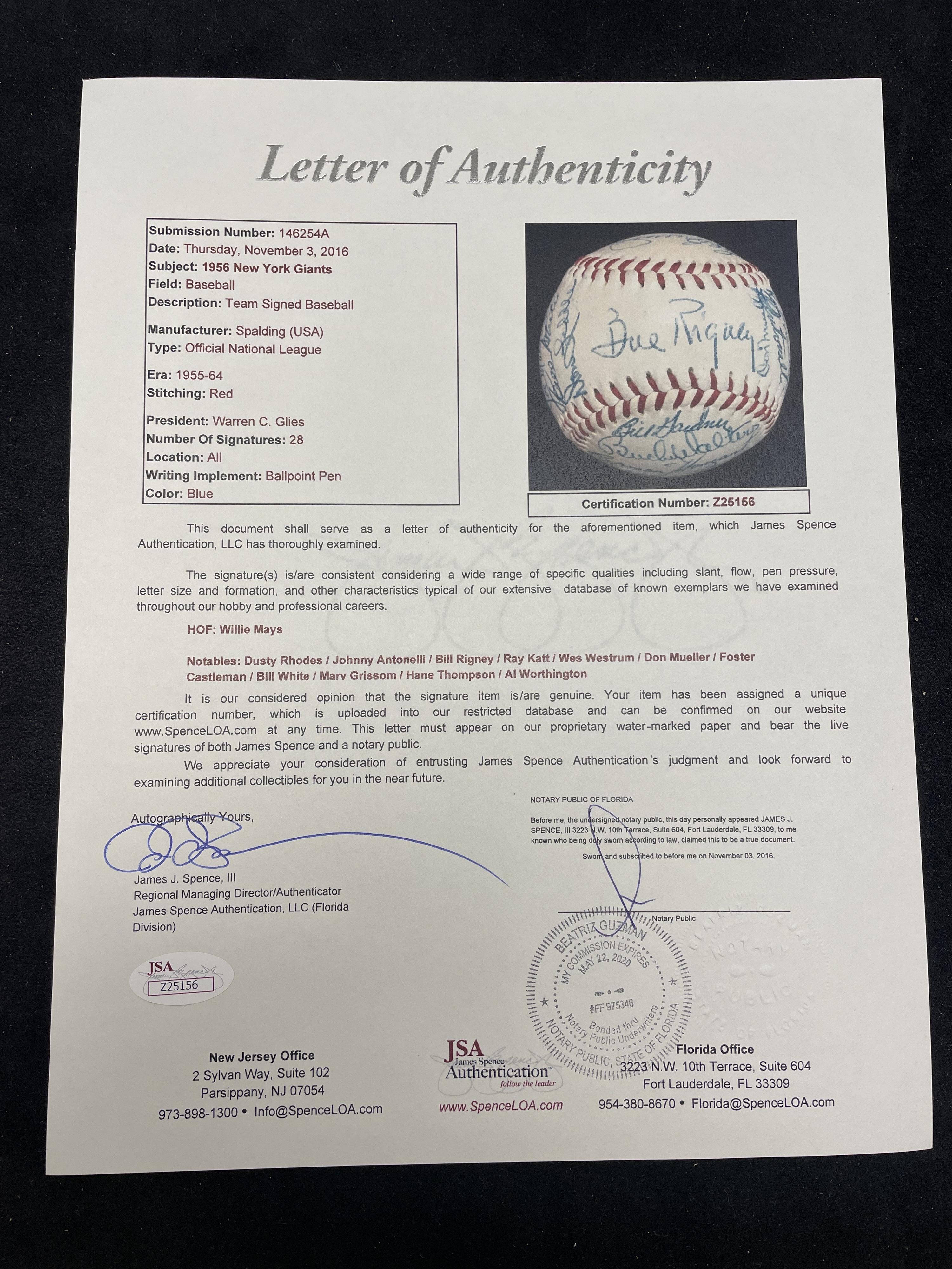 A 1956 New York Giants Team Signed Autograph Baseball Featuring Willie Mays (JSA Letter of Authenticity),