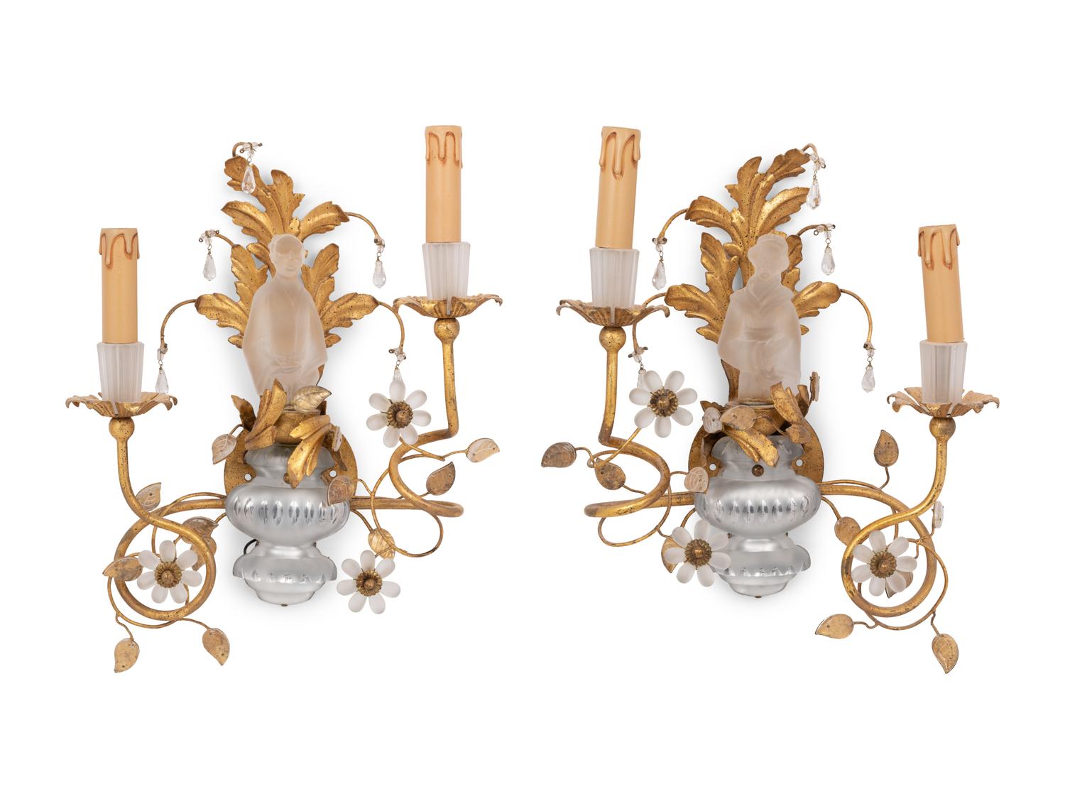 A Pair of Gilt Metal and Frosted Glass Figural Two-Light Sconces in the Style of Maison Baguès