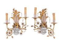 A Pair of Gilt Metal and Frosted Glass Figural Two-Light Sconces in the Style of Maison Baguès