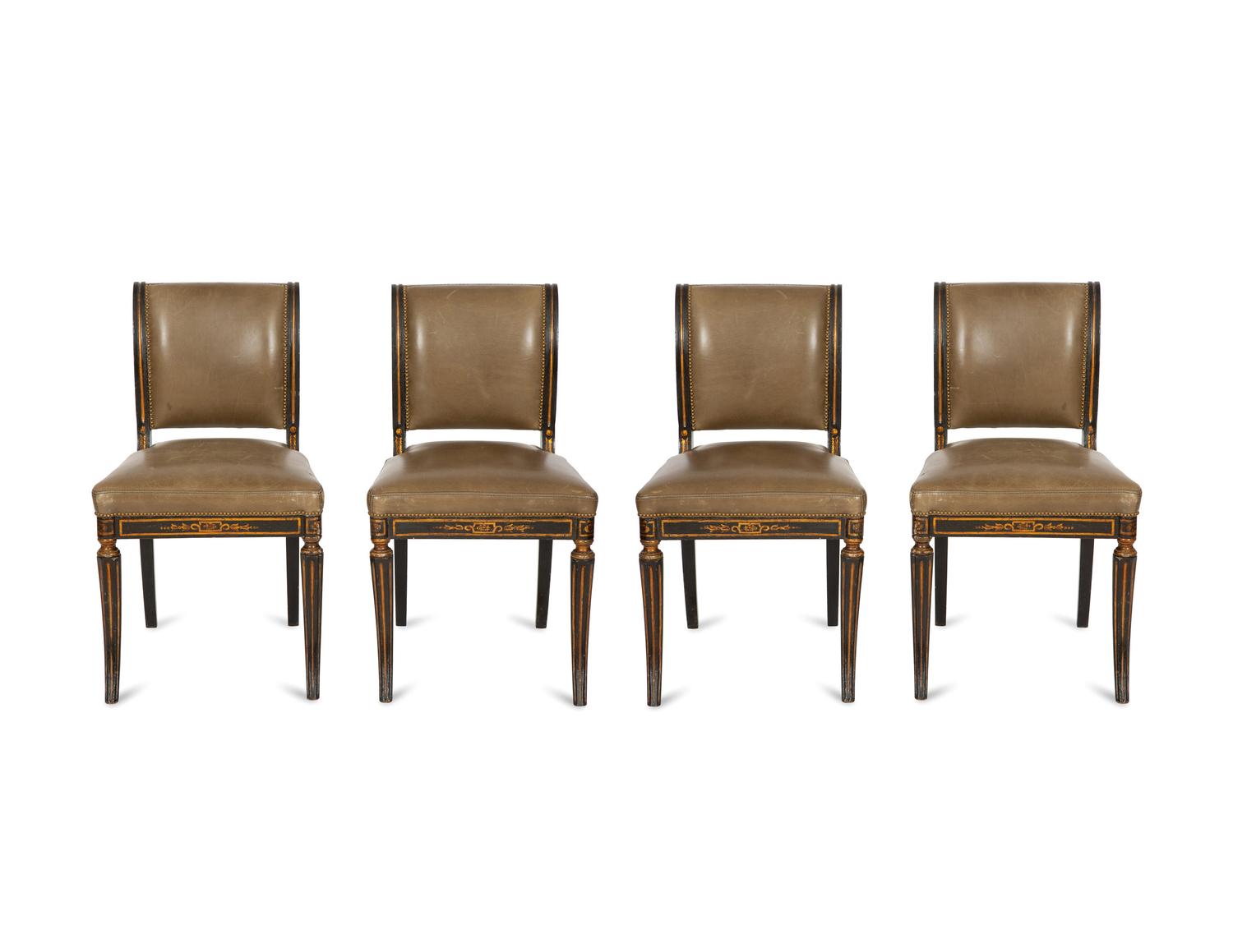 A Set of Four English Regency Style Ebonized and Parcel Gilt Mahogany Dining Chairs
