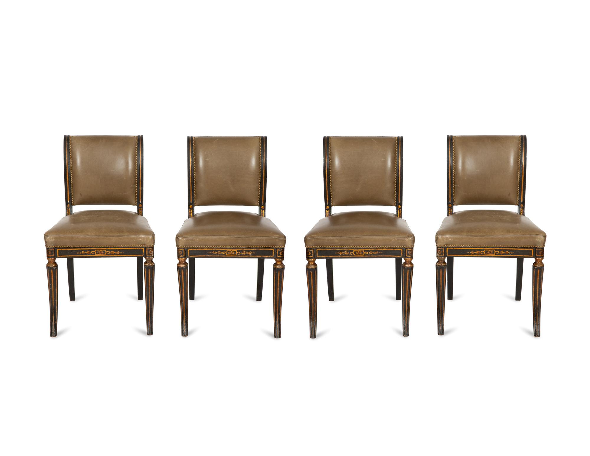 A Set of Four English Regency Style Ebonized and Parcel Gilt Mahogany Dining Chairs