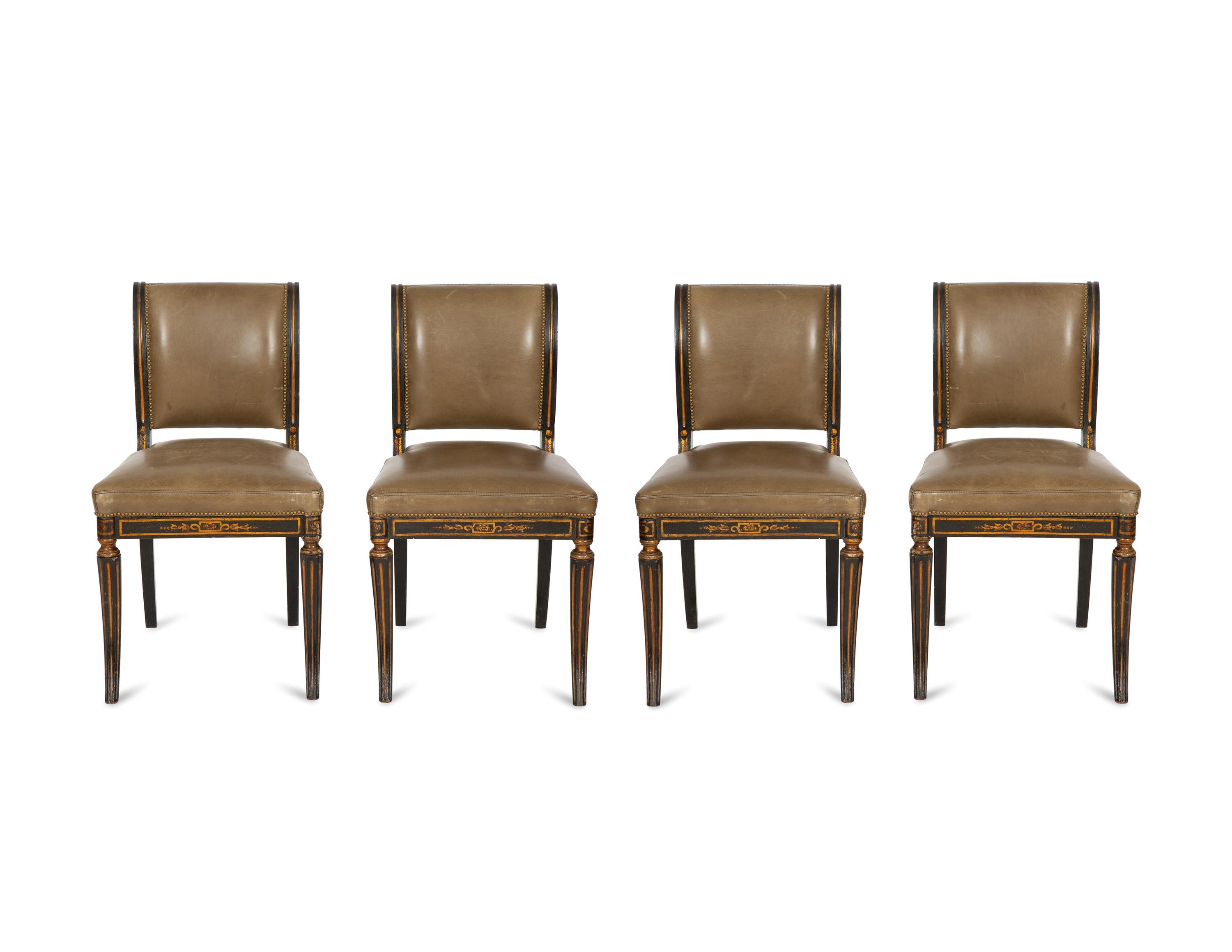 A Set of Four English Regency Style Ebonized and Parcel Gilt Mahogany Dining Chairs