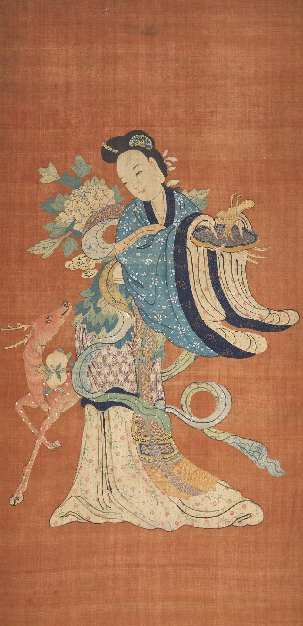 A Chinese Kesi Figural Tapestry Depicting a Meiren with Deer, 19th Century