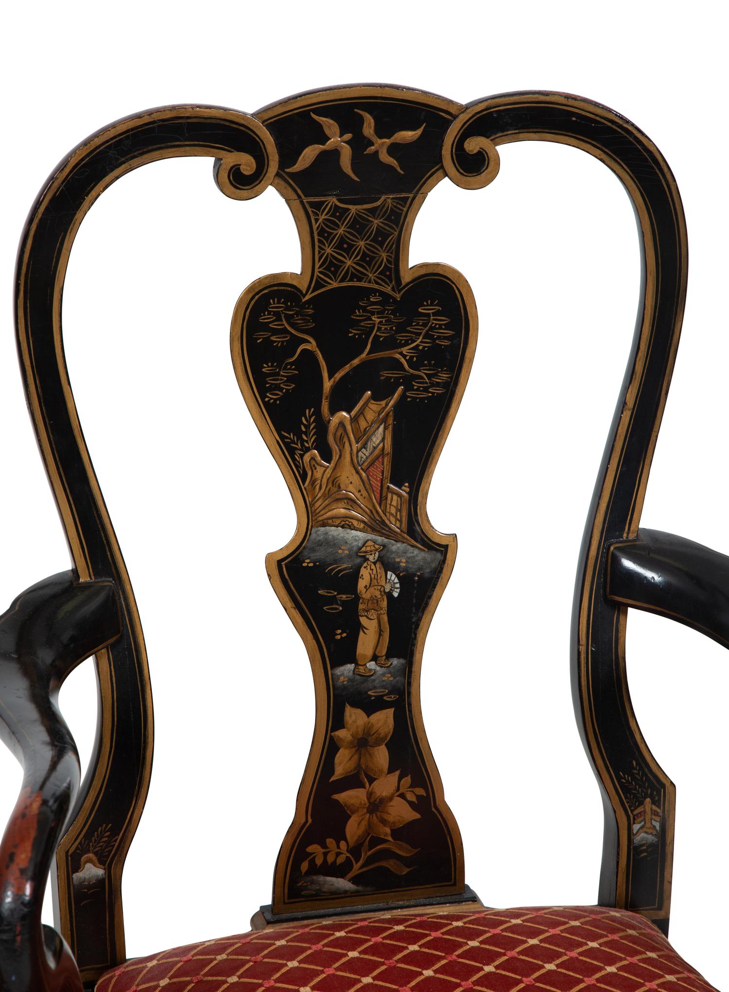 A Set of Eight George II Style Black and Gilt Japanned Dining Chairs