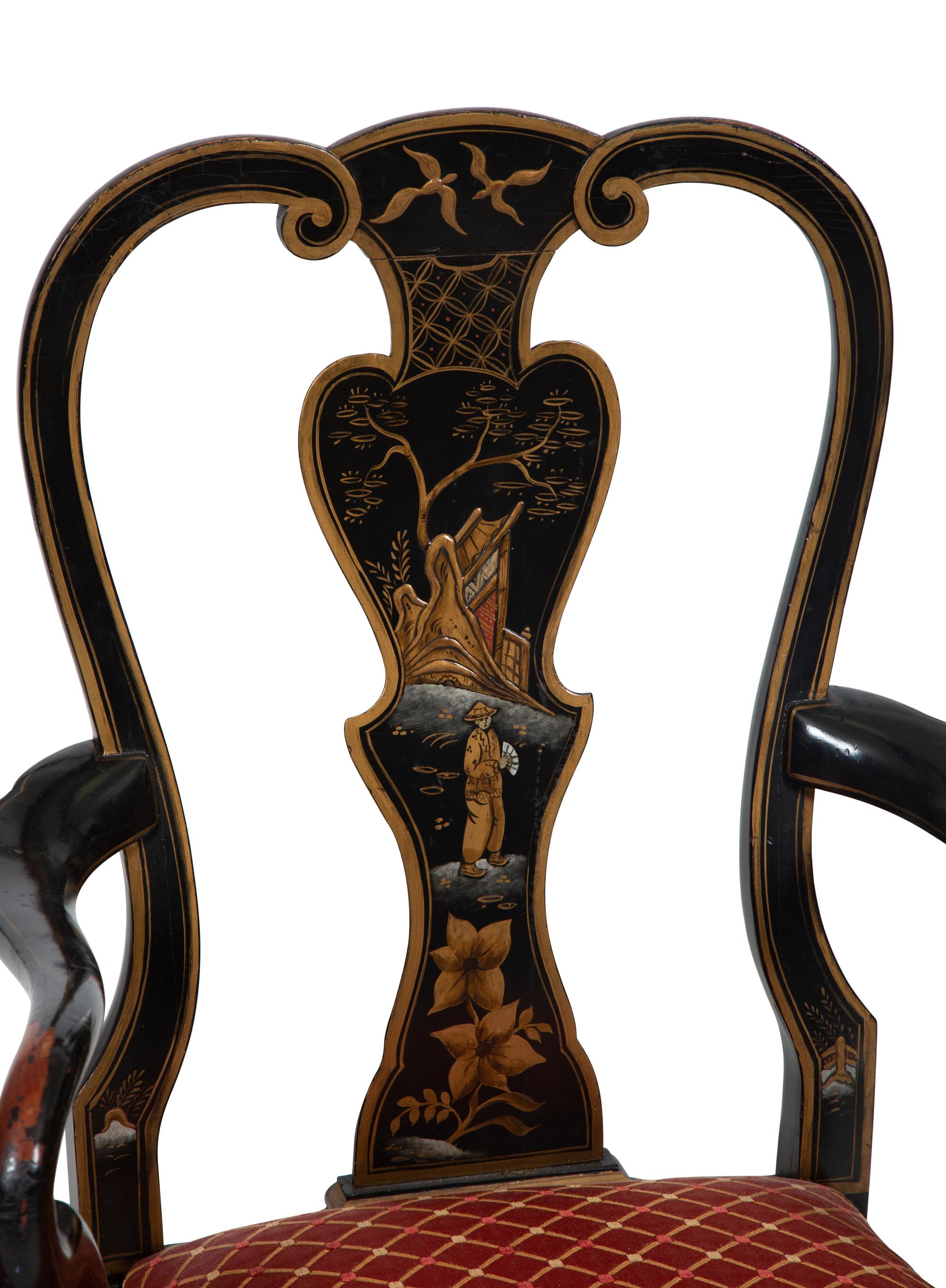 A Set of Eight George II Style Black and Gilt Japanned Dining Chairs