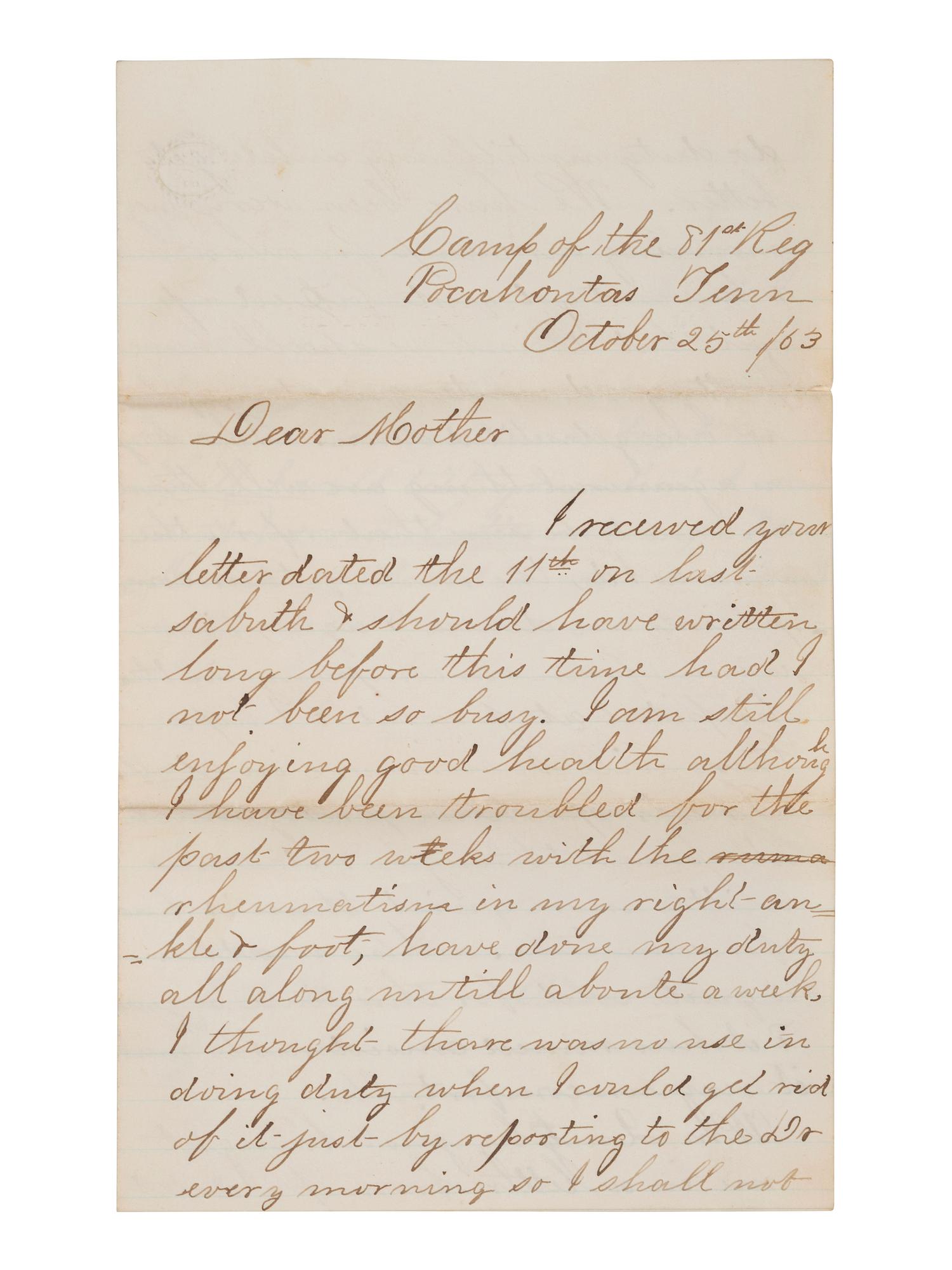 [CIVIL WAR]. Letter archive of Private Aubert E. Humiston, Co. K, 81st Ohio Volunteer Infantry regiment.