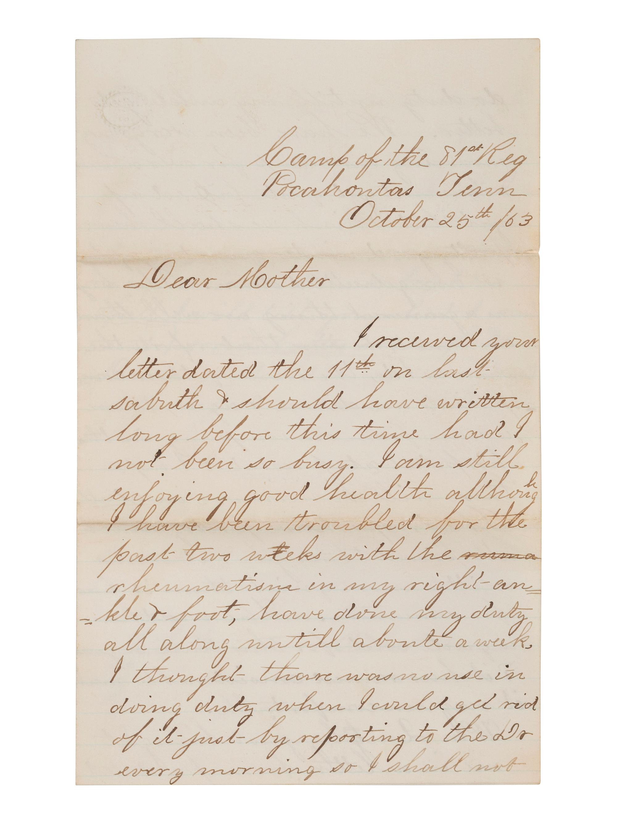 [CIVIL WAR]. Letter archive of Private Aubert E. Humiston, Co. K, 81st Ohio Volunteer Infantry regiment.