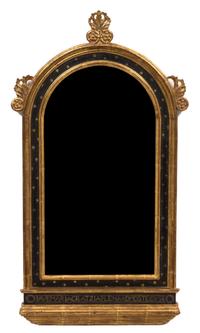 A Neoclassical Style Lacquered and Parcel Gilt Domed Frame Mirror Height 36 x width 19 3/4 inches. — LATE 19TH CENTURY
