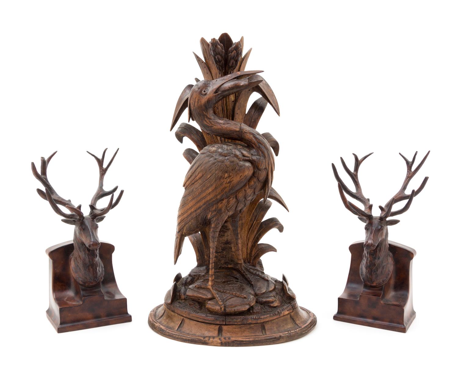 Three Black Forest Style Articles Height of wood figure 16 inches.