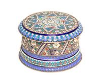 A Russian Enameled Gilt-Silver Box, Khlebnikov, St. Petersburg, 1908-1926, of cylindrical form with hinged lid and with polychrome flor
