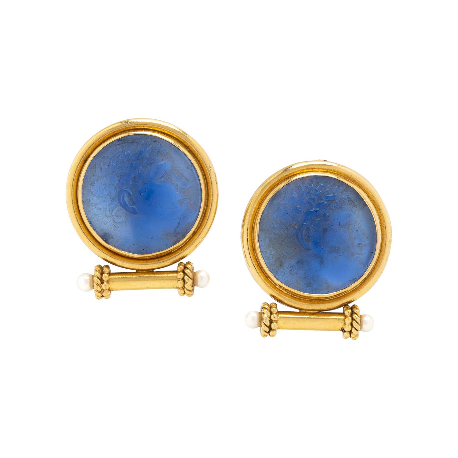 ELIZABETH LOCKE, BLUE VENETIAN GLASS, MOTHER-OF-PEARL, CULTURED PEARL, AND YELLOW GOLD CAMEO EARRINGS