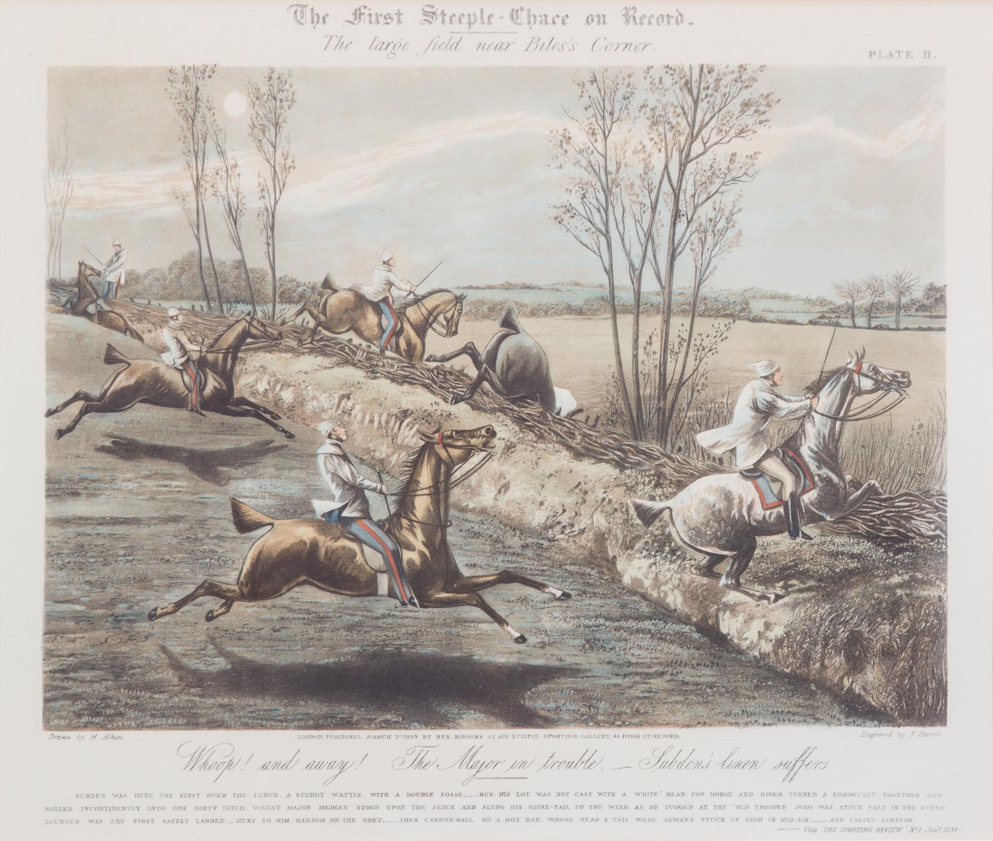 Henry ALKEN, after - J. HARRIS, engraver Image 10 3/4 x 14 1/2 inches. — The First Steeple Chase on Record, Plates I-IV