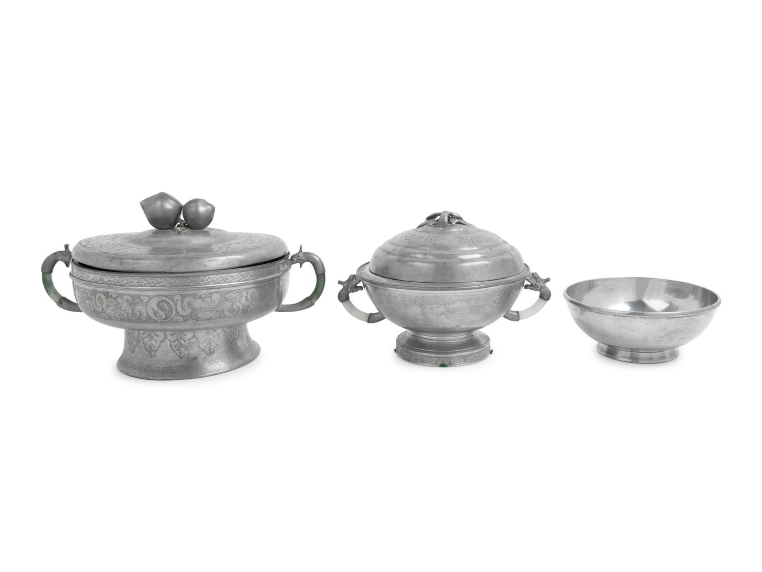 Two Chinese Hardstone Inset Pewter Pots and Covers
