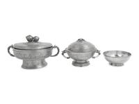 Two Chinese Hardstone Inset Pewter Pots and Covers