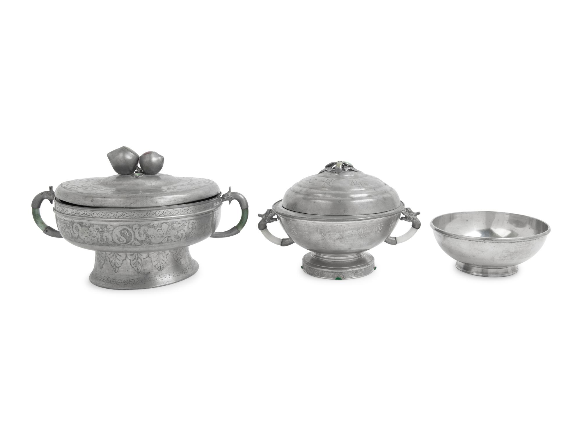 Two Chinese Hardstone Inset Pewter Pots and Covers