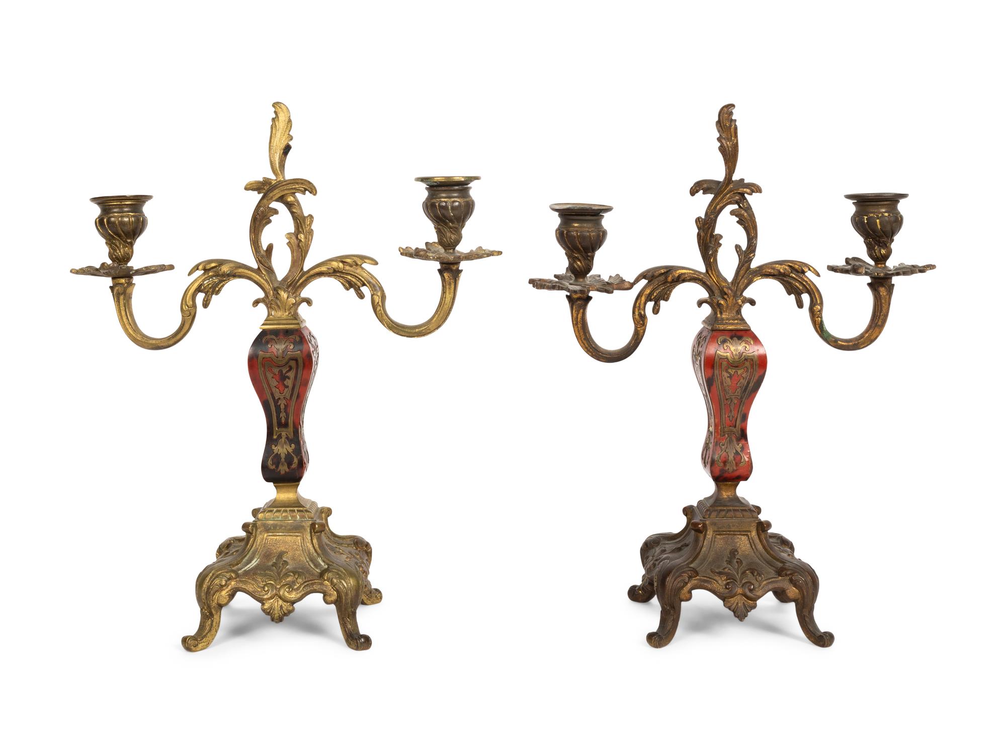 A Pair of French Gilt Bronze Mounted Boulle Marquetry Two-Light Candelabra