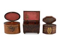 A Group of Three English Polychrome Decorated Tea Caddies