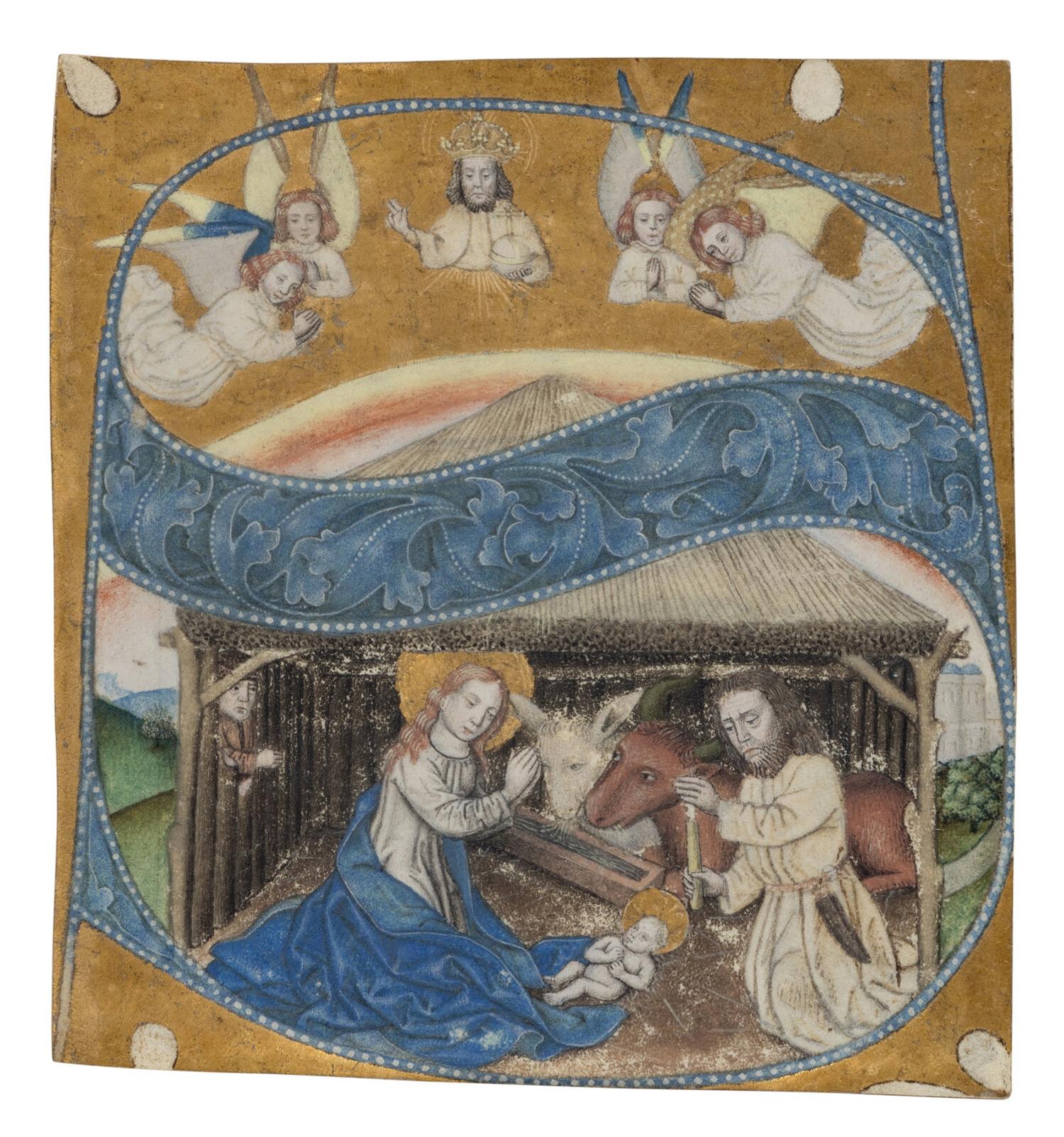 ANONYMOUS RHENISH ARTIST Illuminated cutting of Initial ‘S’ with the Nativity of Christ, from a Choir Book, illuminated manuscript on parchment [Germany, (Lower?) Rhine, c. 1470-80]