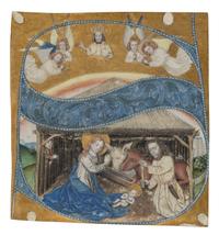 ANONYMOUS RHENISH ARTIST Illuminated cutting of Initial ‘S’ with the Nativity of Christ, from a Choir Book, illuminated manuscript on parchment [Germany, (Lower?) Rhine, c. 1470-80]